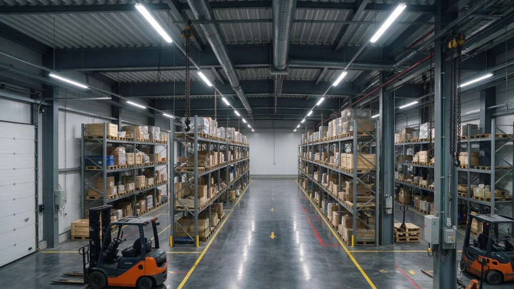 Instal·lació i manteniment d'enllumenat LED industrial en magatzem logístic.