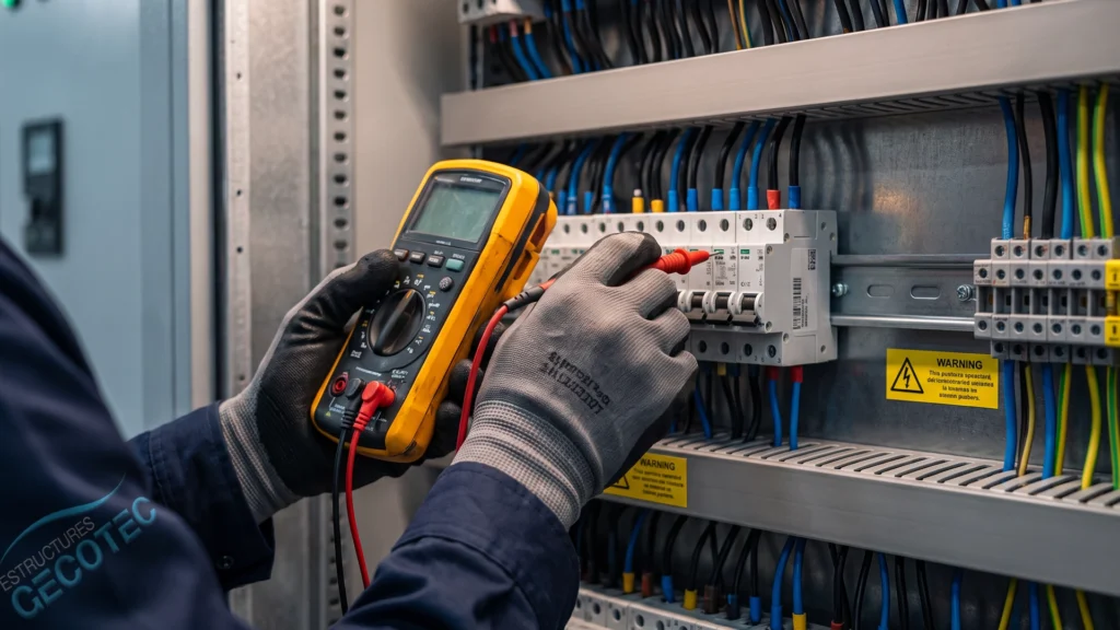 Mediciones de tensión con multímetro en cuadro eléctrico industrial.