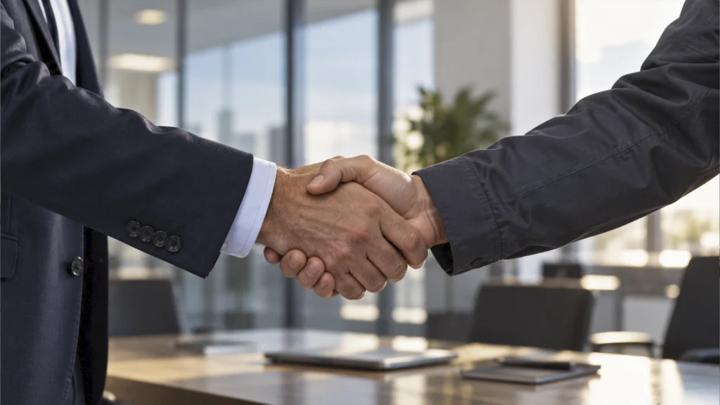 Apretón de manos entre cliente corporativo y representante de Gecotec en sala de reuniones.