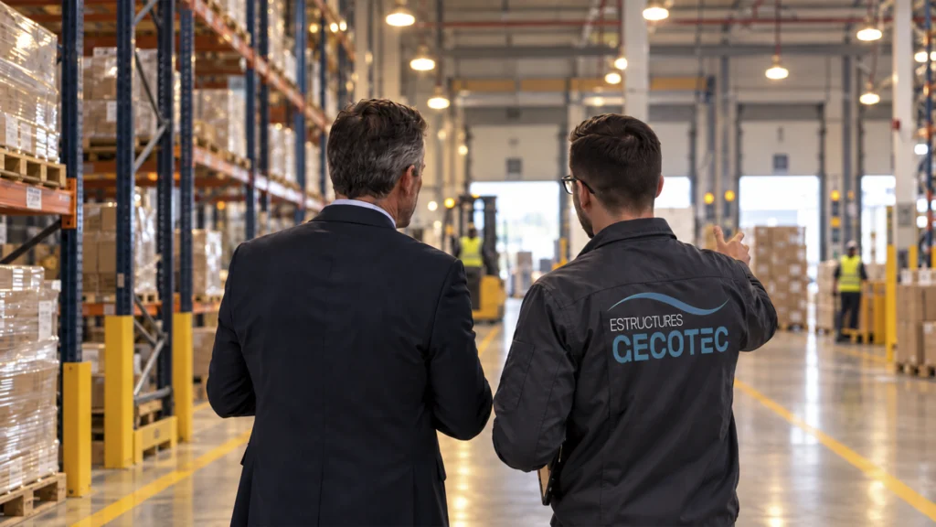 Tècnic de Gecotec juntament amb responsable de planta supervisant instal·lacions en magatzem industrial.