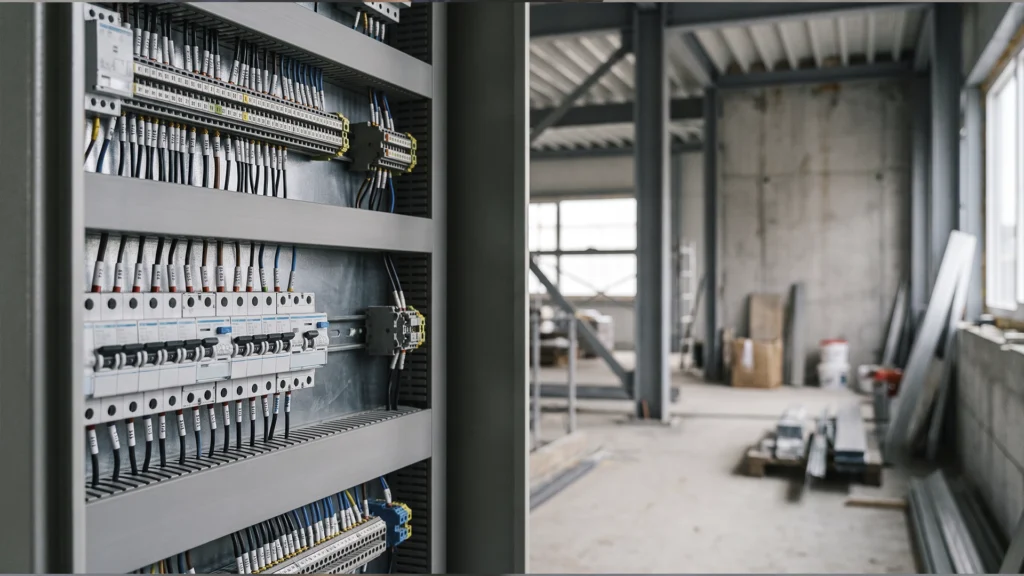 Cuadro eléctrico industrial instalado y cableado en un entorno profesional.