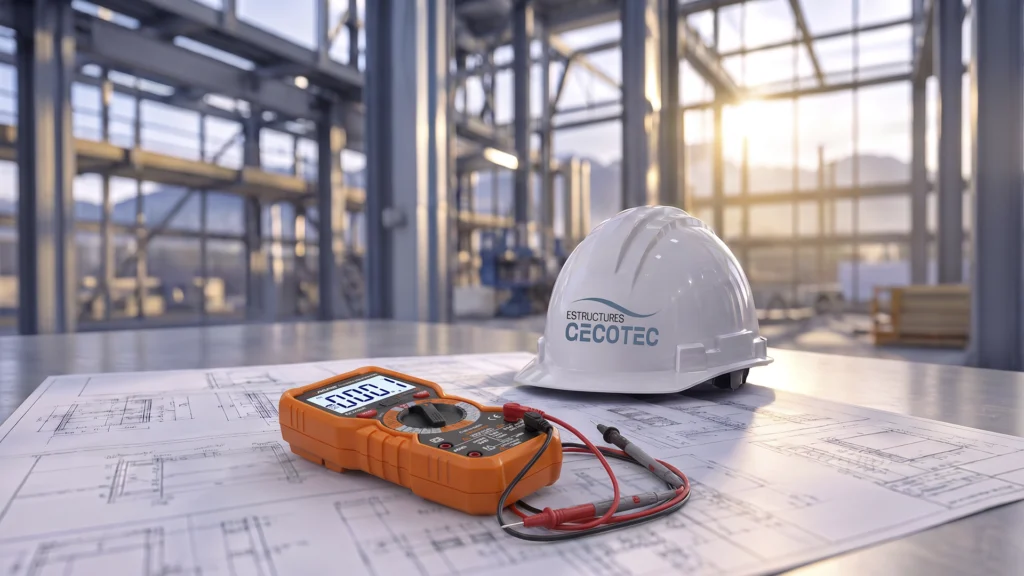 Equipo de medición eléctrica sobre planos técnicos en una instalación industrial. durante la fase de obra.