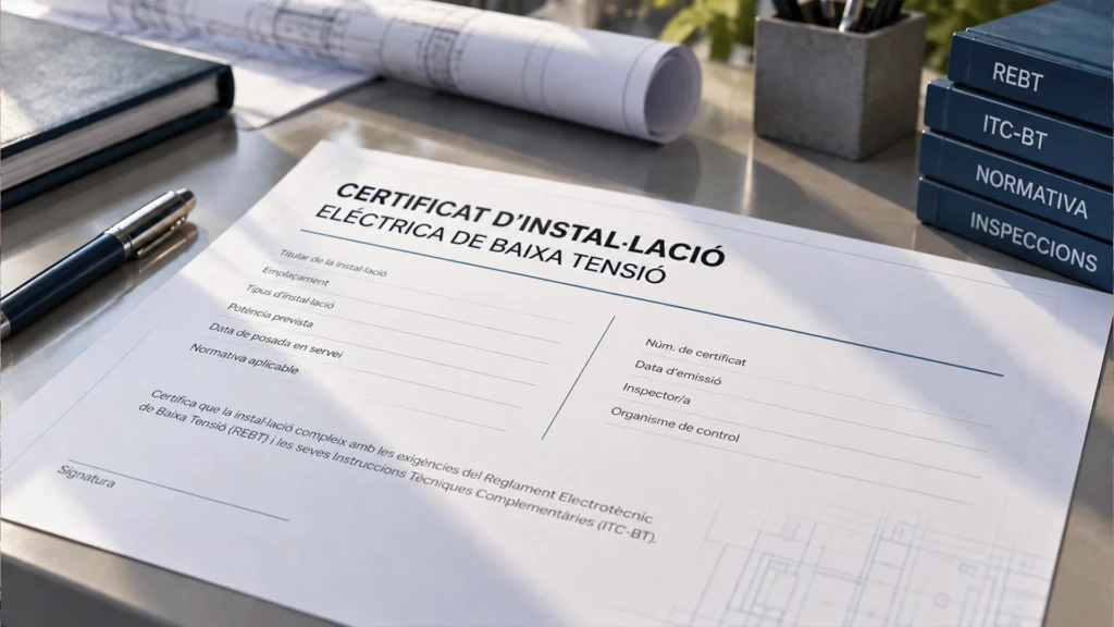 Formulari de certificat d'instal·lació elèctrica juntament amb manuals normatius REBT i ITC-BT.