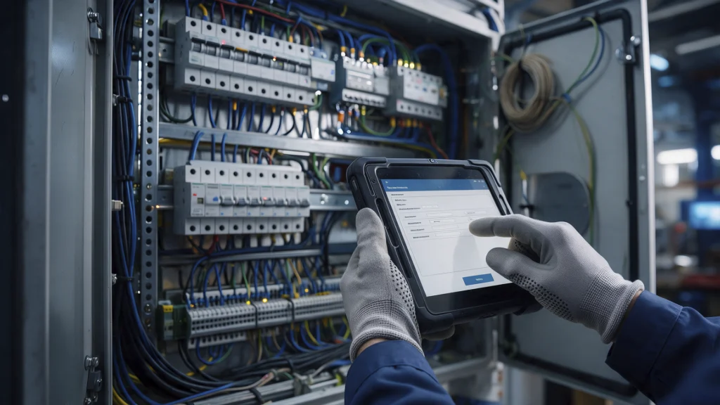 Tècnic especialitzat amb guants realitzant verificació digital de quadre elèctric amb tauleta.